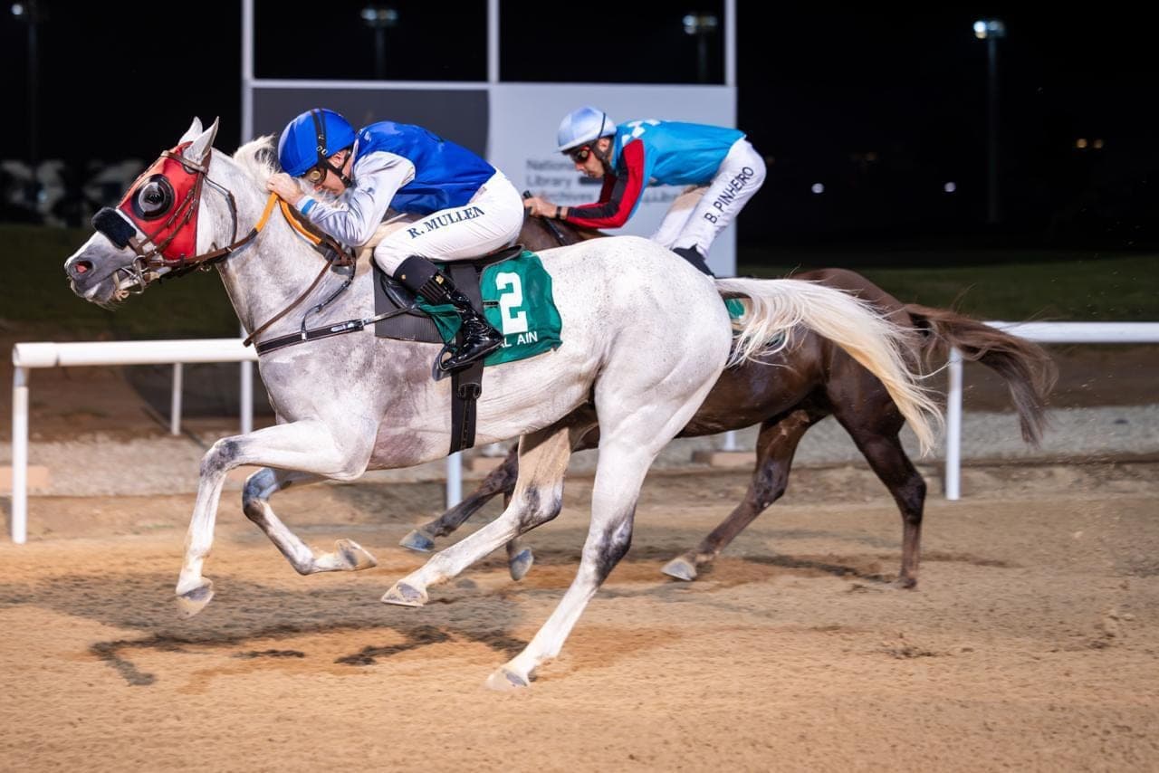 Al Laith and jockey Richard Mullen, in blue, winning at Al Ain under the lights