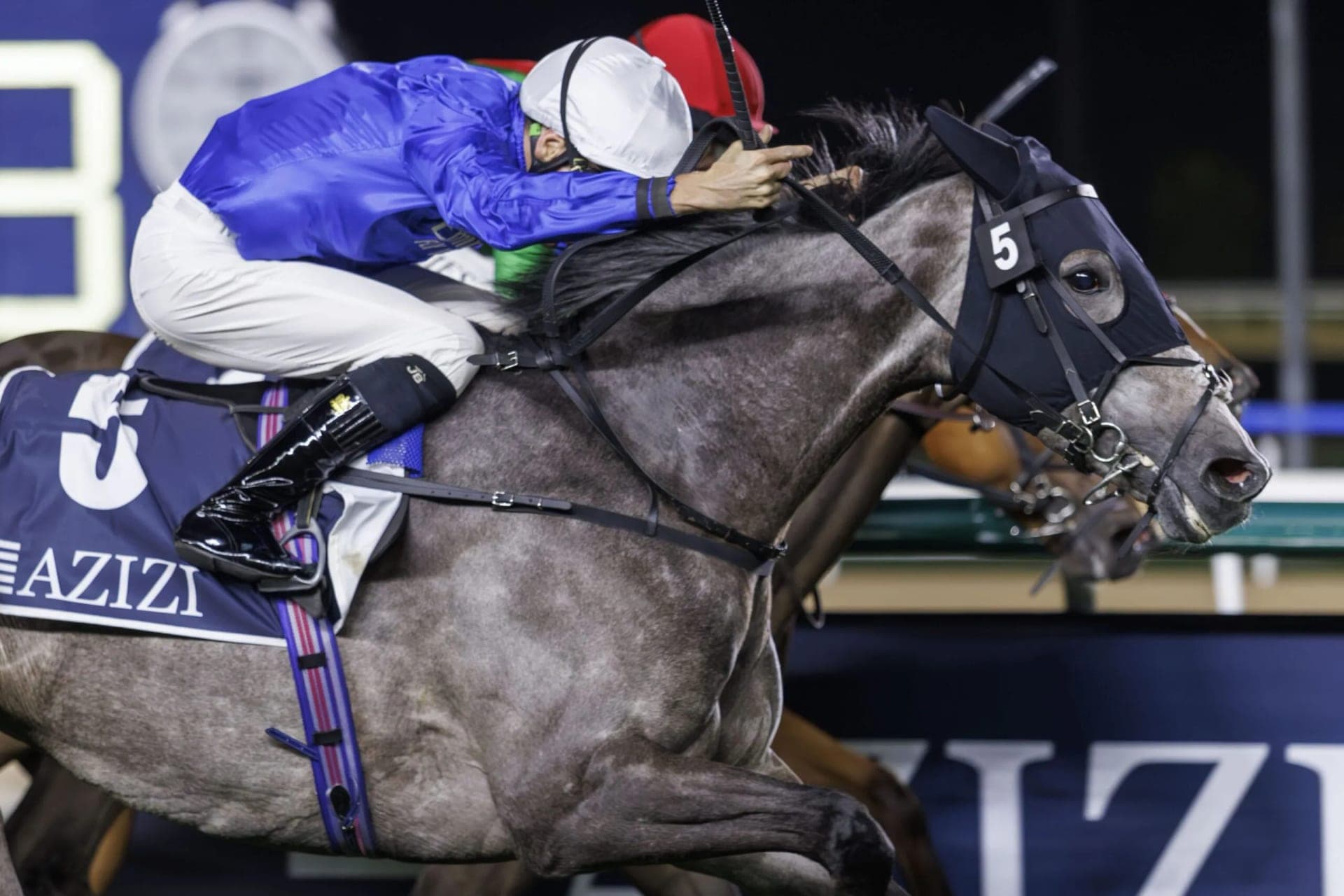 Antrim and jockey Sam James, in blue, racing at Meydan under the lights