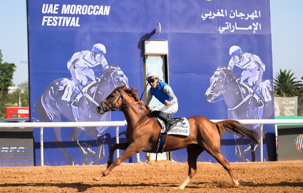 Buraak and jockey Mohcine Lafram, in blue, winning on the sand at Casablanca-Anfa in front of the UAE Moroccan Festival board